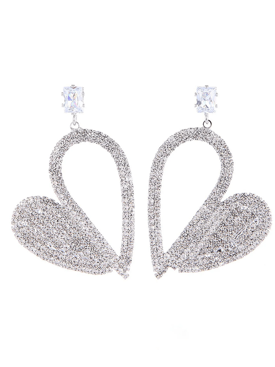Silver Irregular Rhinestones Heart Hoop Earrings - KissProm