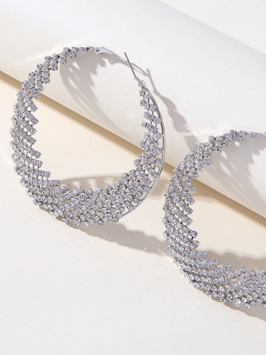 Silver Rhinestones Cutout Hoop Earrings - KissProm
