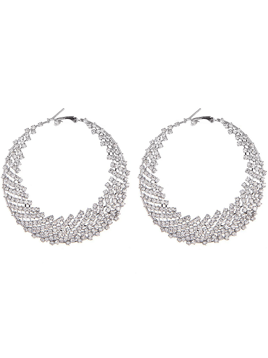 Silver Rhinestones Cutout Hoop Earrings - KissProm
