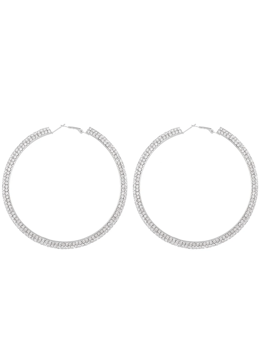 Silver Rhinestones Simple Big Hoop Earrings - KissProm