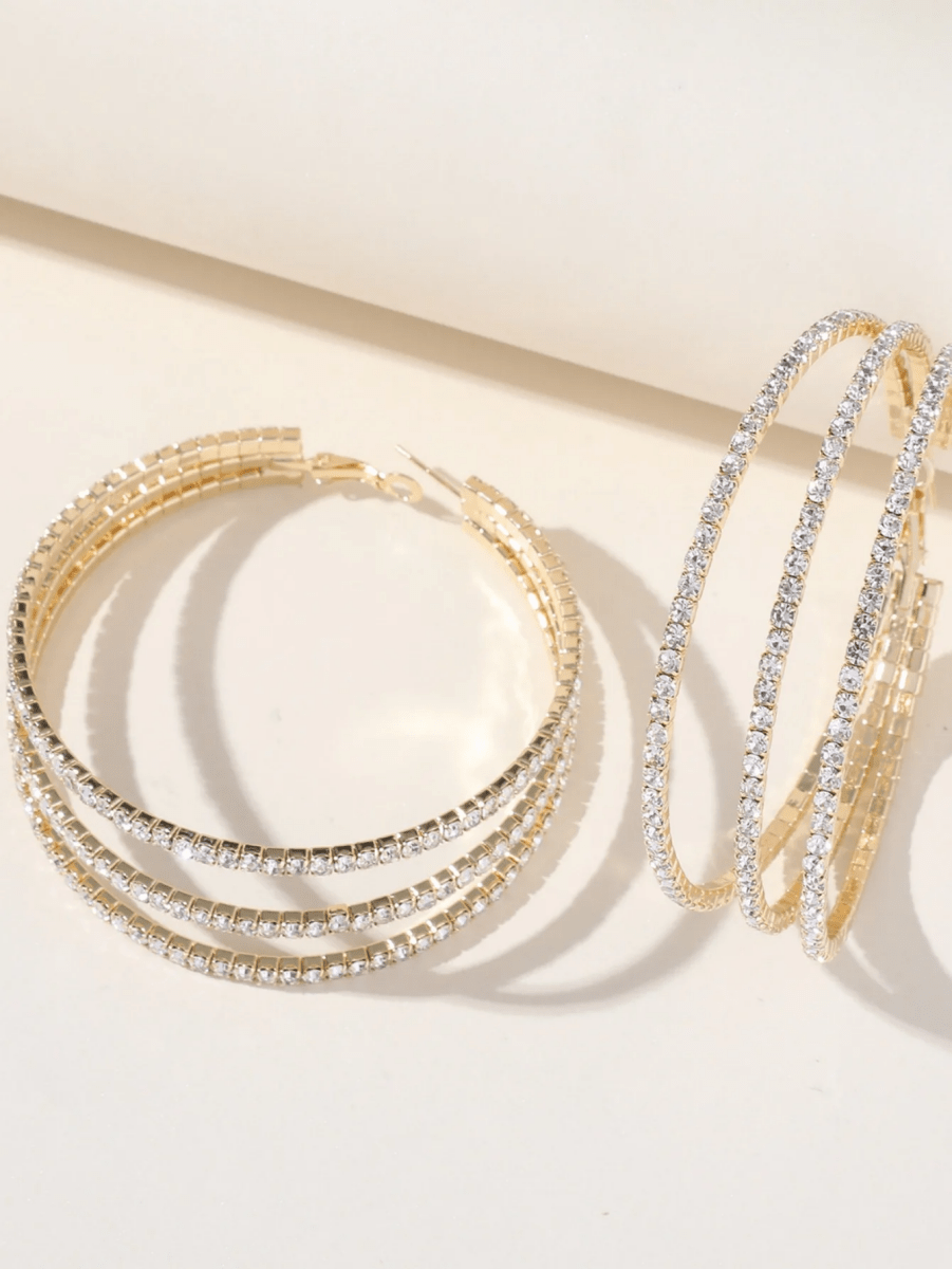 Silver Rhinestones Simple Triple Layer Hoop Earrings - KissProm