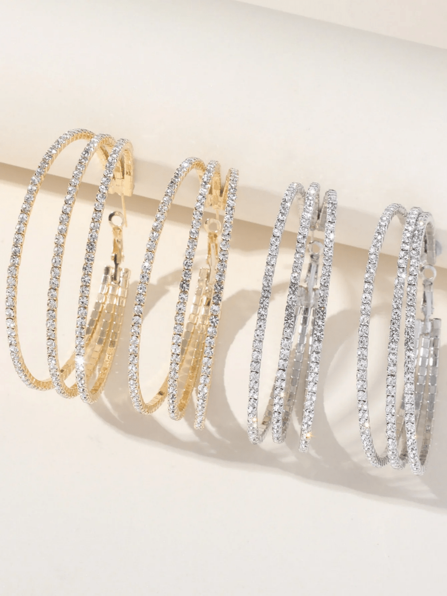Silver Rhinestones Simple Triple Layer Hoop Earrings - KissProm