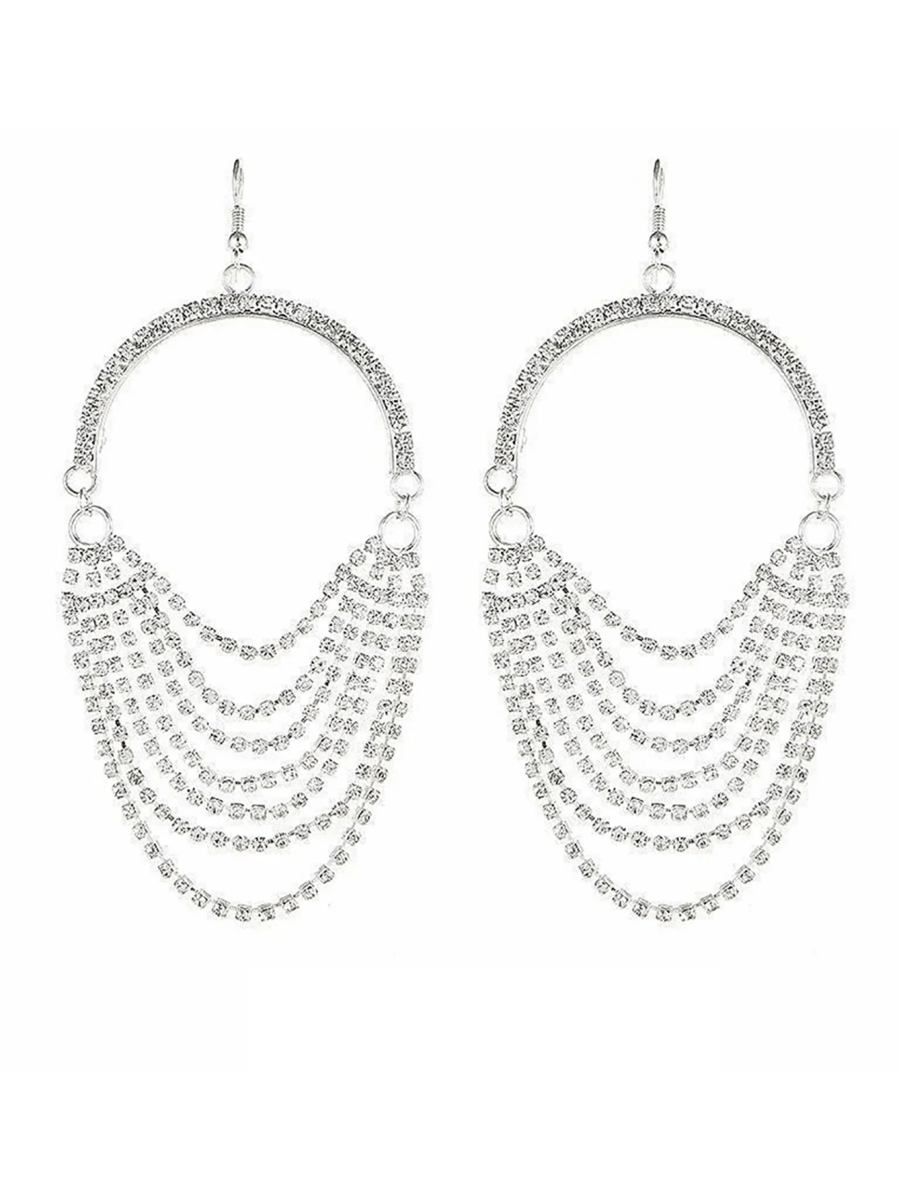 Silver Rhinestones Tassel Hoop Round Earrings - KissProm