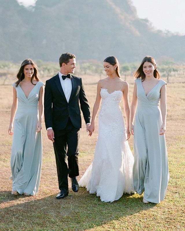 Simple A Line Chiffon V Neck Blue Sleeveless Long Bridesmaid Dresses - KissProm