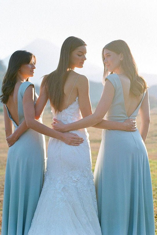 Simple A Line Chiffon V Neck Blue Sleeveless Long Bridesmaid Dresses - KissProm