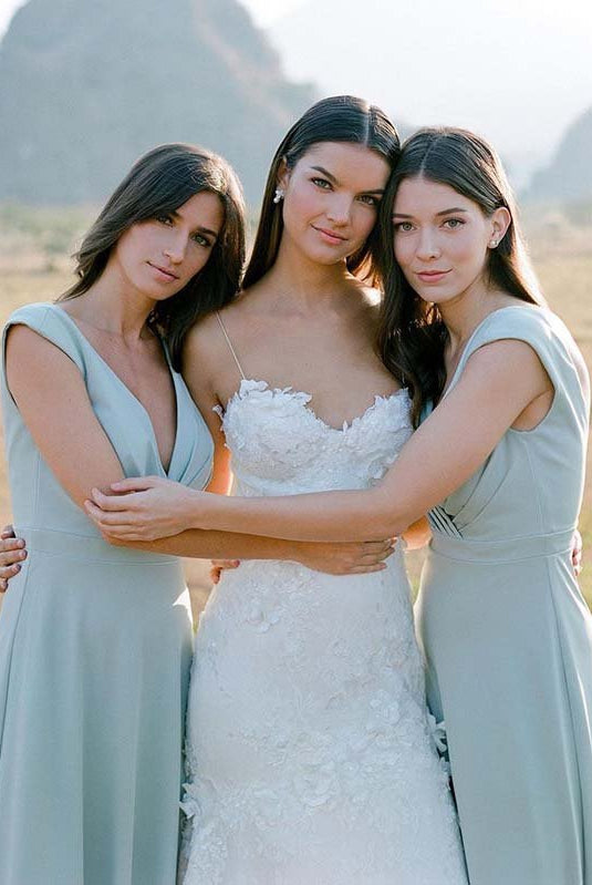 Simple A Line Chiffon V Neck Blue Sleeveless Long Bridesmaid Dresses - KissProm