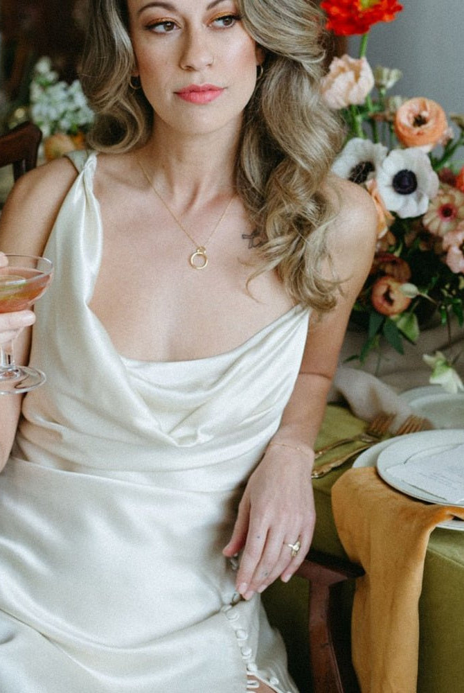 Cowl Neck Ivory Sheath Satin Wedding Dresses with Button Slit