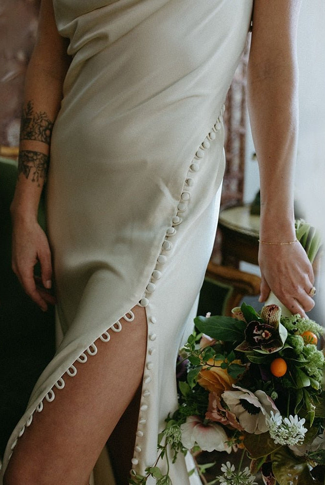 Cowl Neck Ivory Sheath Satin Wedding Dresses with Button Slit