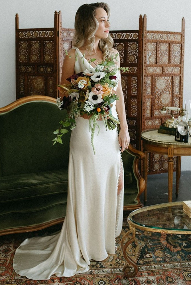 Cowl Neck Ivory Sheath Satin Wedding Dresses with Button Slit