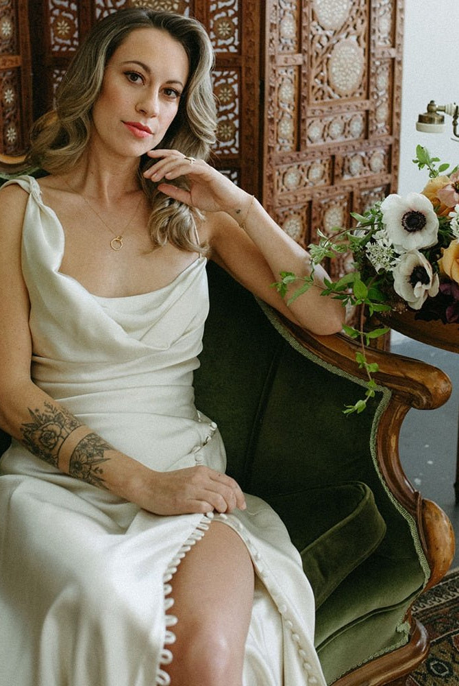 Cowl Neck Ivory Sheath Satin Wedding Dresses with Button Slit