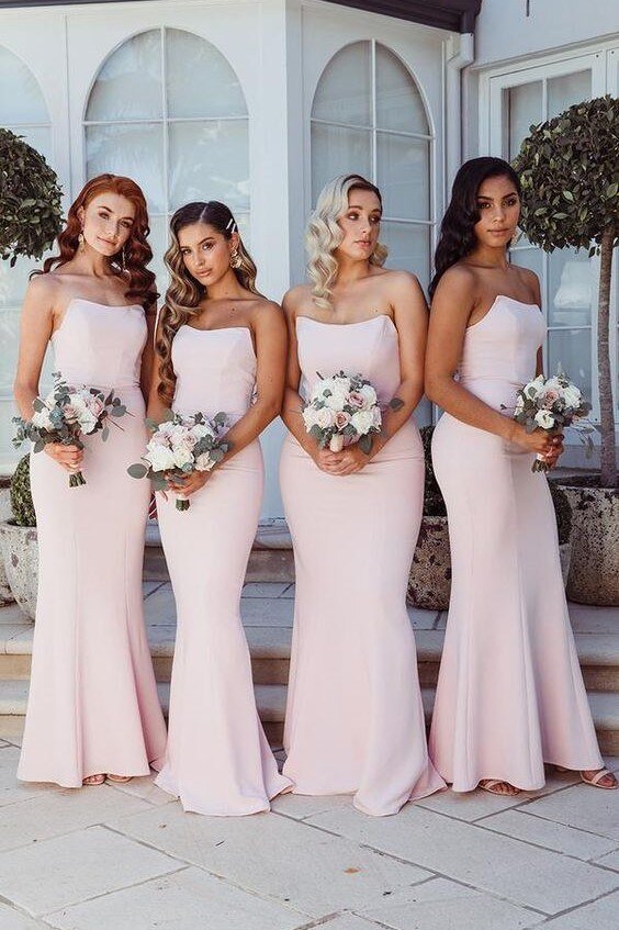 Simple Strapless Satin Cheap Long Bridesmaid Dresses - KissProm