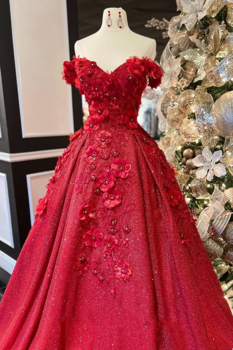 Chic Ball Gown V Neck Beads Appliques Red Off-the-Shoulder Long Quinceanera Dresses