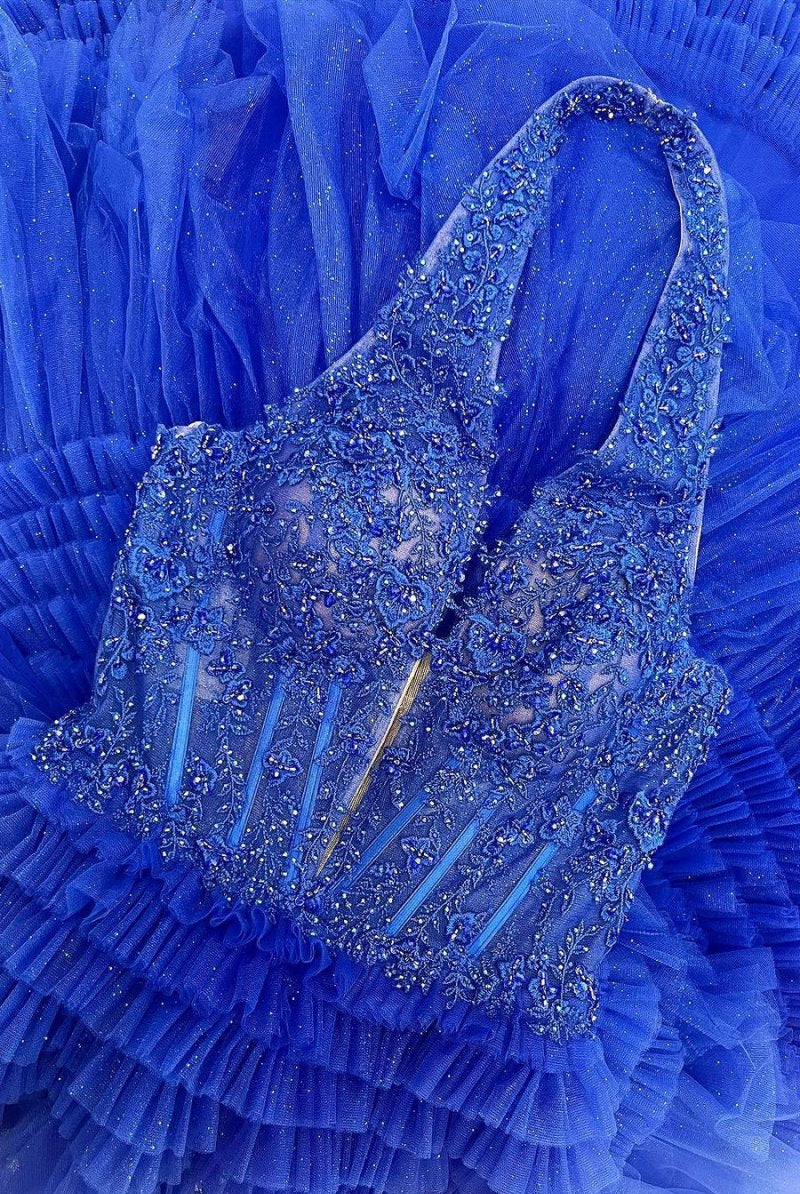 Morton|Red Tulle Appliques Halter Ruffle Tiered Ball Gown