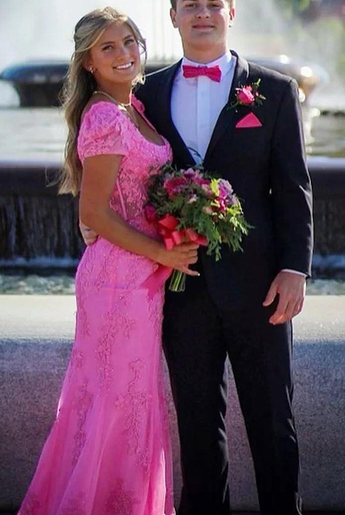 Theresa | Champagne Appliques Square Neck Puff Sleeves Long Prom Dress