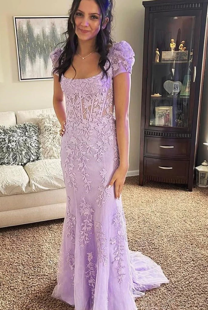 Theresa | Champagne Appliques Square Neck Puff Sleeves Long Prom Dress