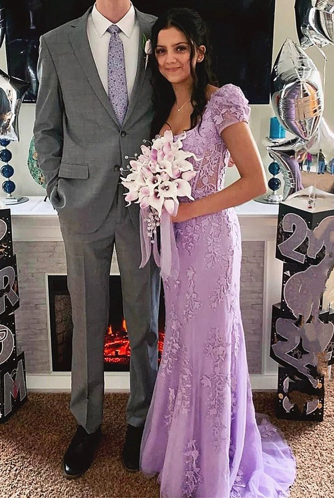 Theresa | Champagne Appliques Square Neck Puff Sleeves Long Prom Dress