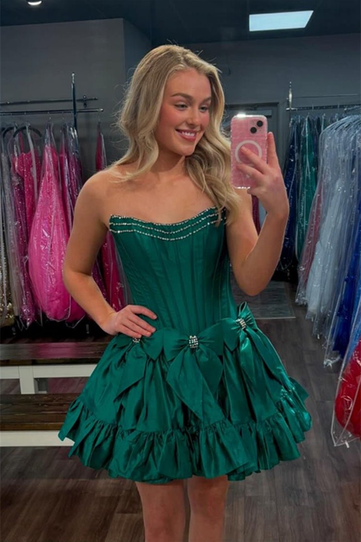 Jamila | Strapless Black Beaded Short Homecoming Dress with Bow