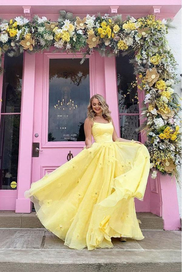 Imani | Straps Tulle Bodice 3D Flowers With Back Lace Up Yellow Prom Dress