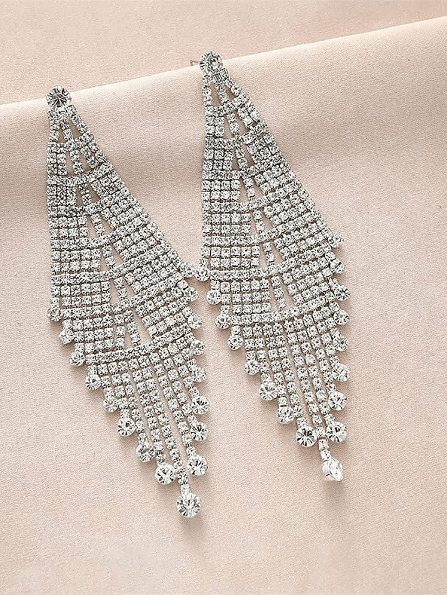 Tassel Silver Dangle Simple Rhinestones Long Earrings - KissProm