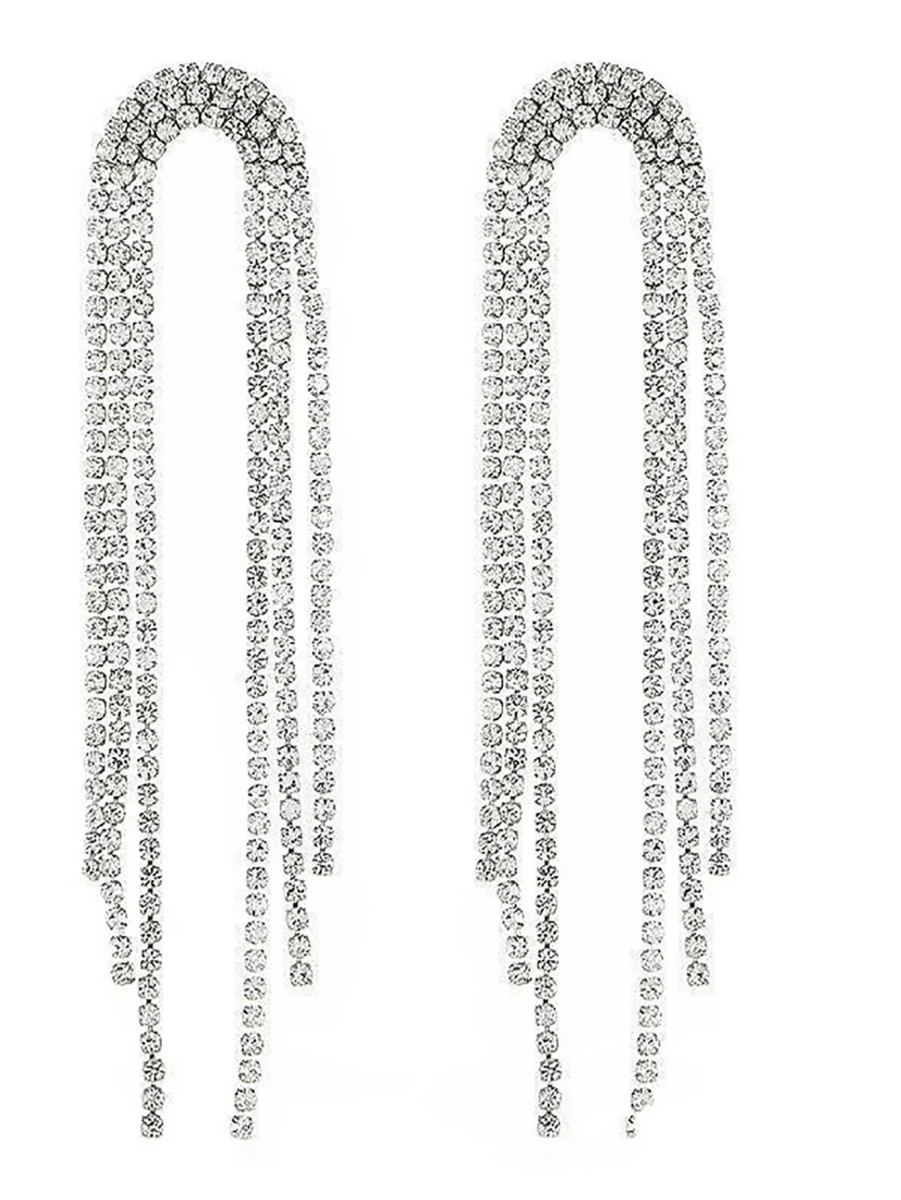 Tassel Silver Rhinestones Long Chain Earrings - KissProm