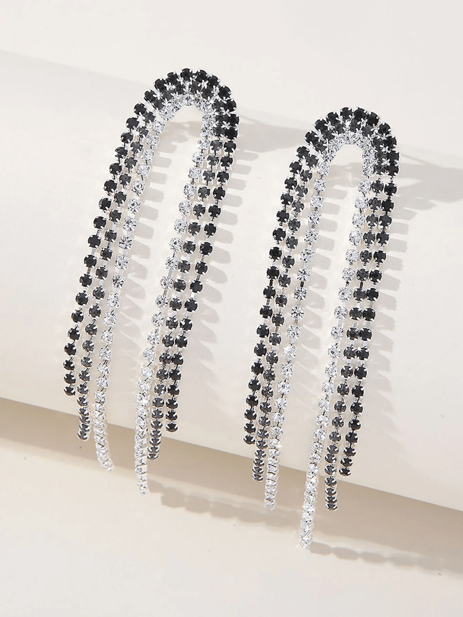 Tassel Silver Rhinestones Long Chain Earrings - KissProm