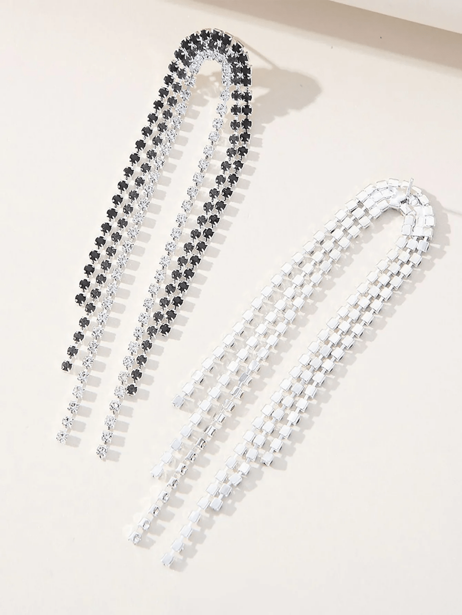 Tassel Silver Rhinestones Long Chain Earrings - KissProm