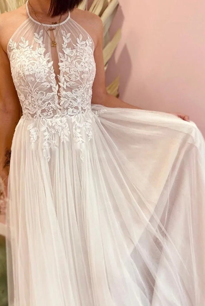 A - line Lace Tulle Wedding Dress Boho Style Online - KissProm