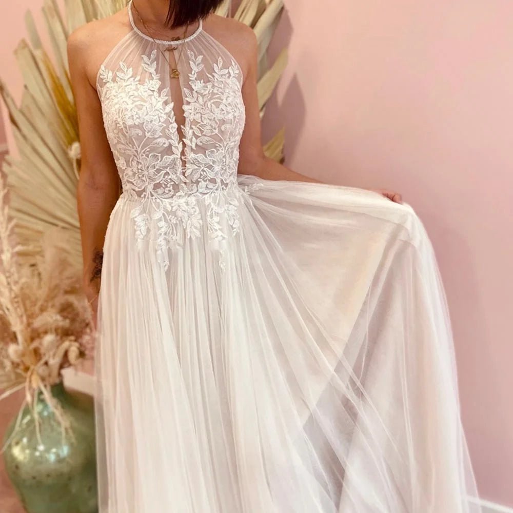 A - line Lace Tulle Wedding Dress Boho Style Online - KissProm