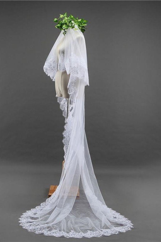 Two - Tier Tulle Lace Edge Bridal Veil Wedding Veil - KissProm