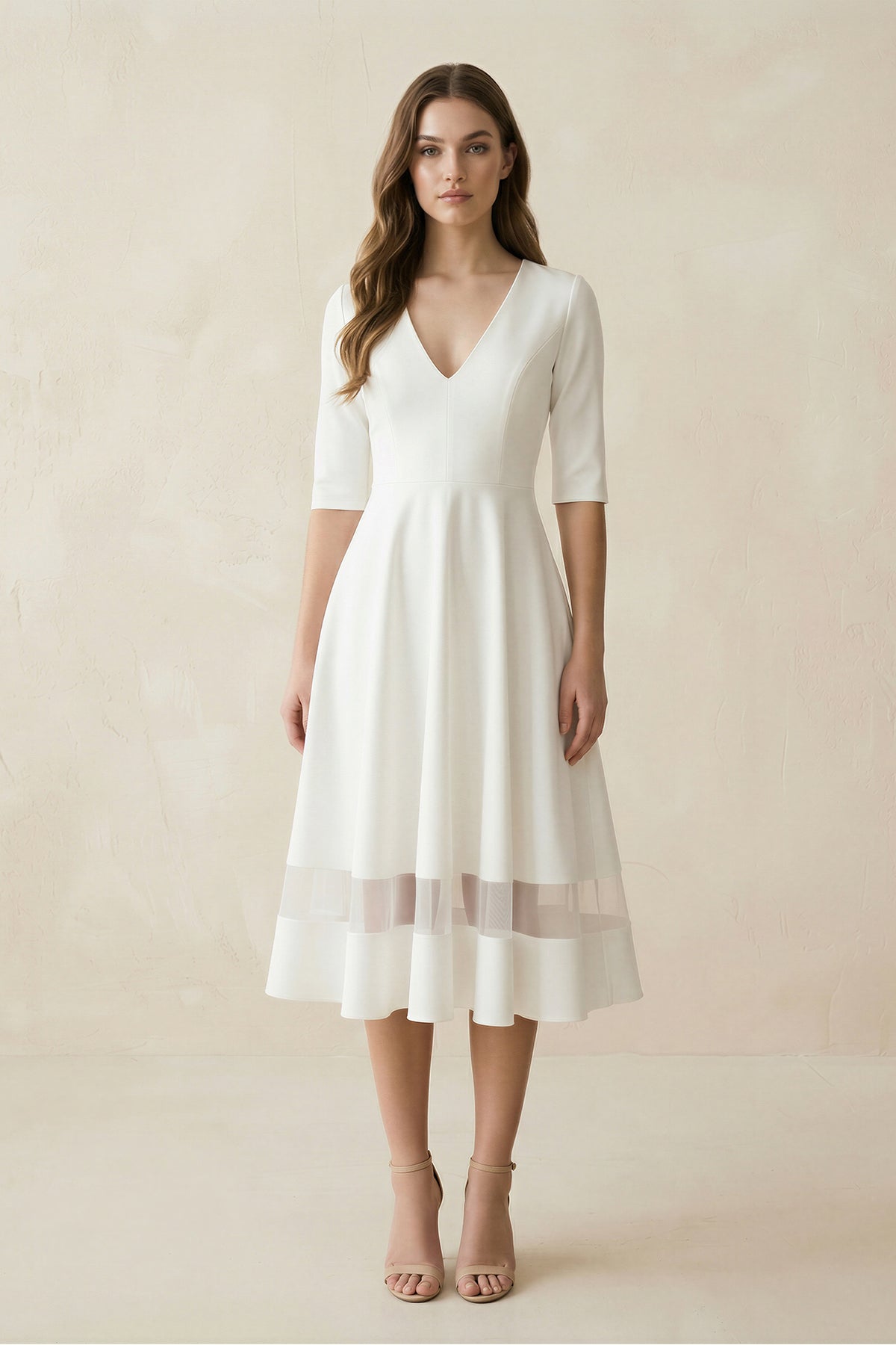 Modern Satin V-neck A Line Tea-length Wedding Dress, Diamond White / 4