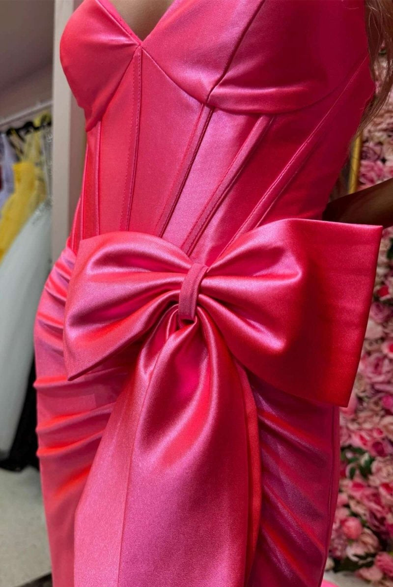 KissProm-Jianna Candy Pink Straps V-Neck Satin Mermaid Prom Dress With Bow