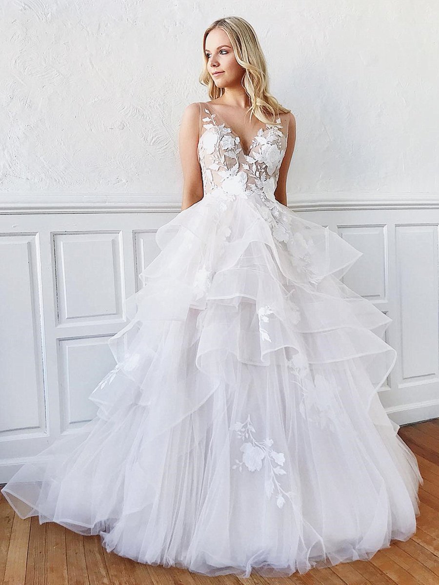 Sleeveless A Line V Neck Backless White Floral Lace Appliques Wedding Sleeveless A Line V Neck Backless White Floral Lace Appliques Wedding