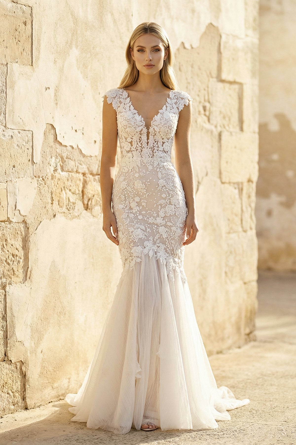 Boho Mermaid Wedding Dress Floral V-neck Casual Gown with Open Back and Lace Appliques, Diamond White / 16 Boho Mermaid Wedding Dress Floral V-neck Casual Gown with Open Back and Lace Appliques, Diamond White / 16