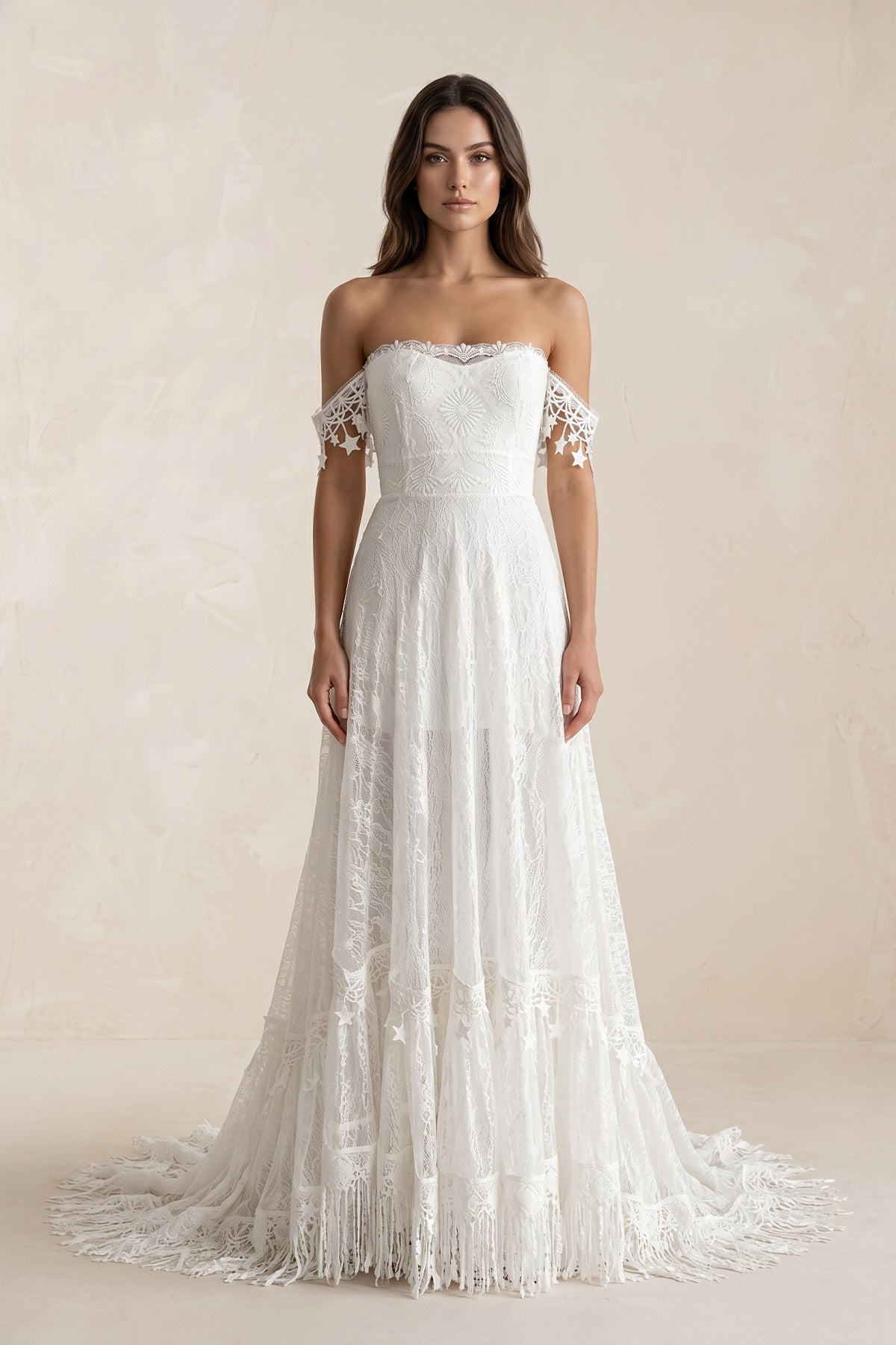 chic wedding dresses Bohemia Star tassel Chic Lace Wedding Dress, Diamond White / 0
