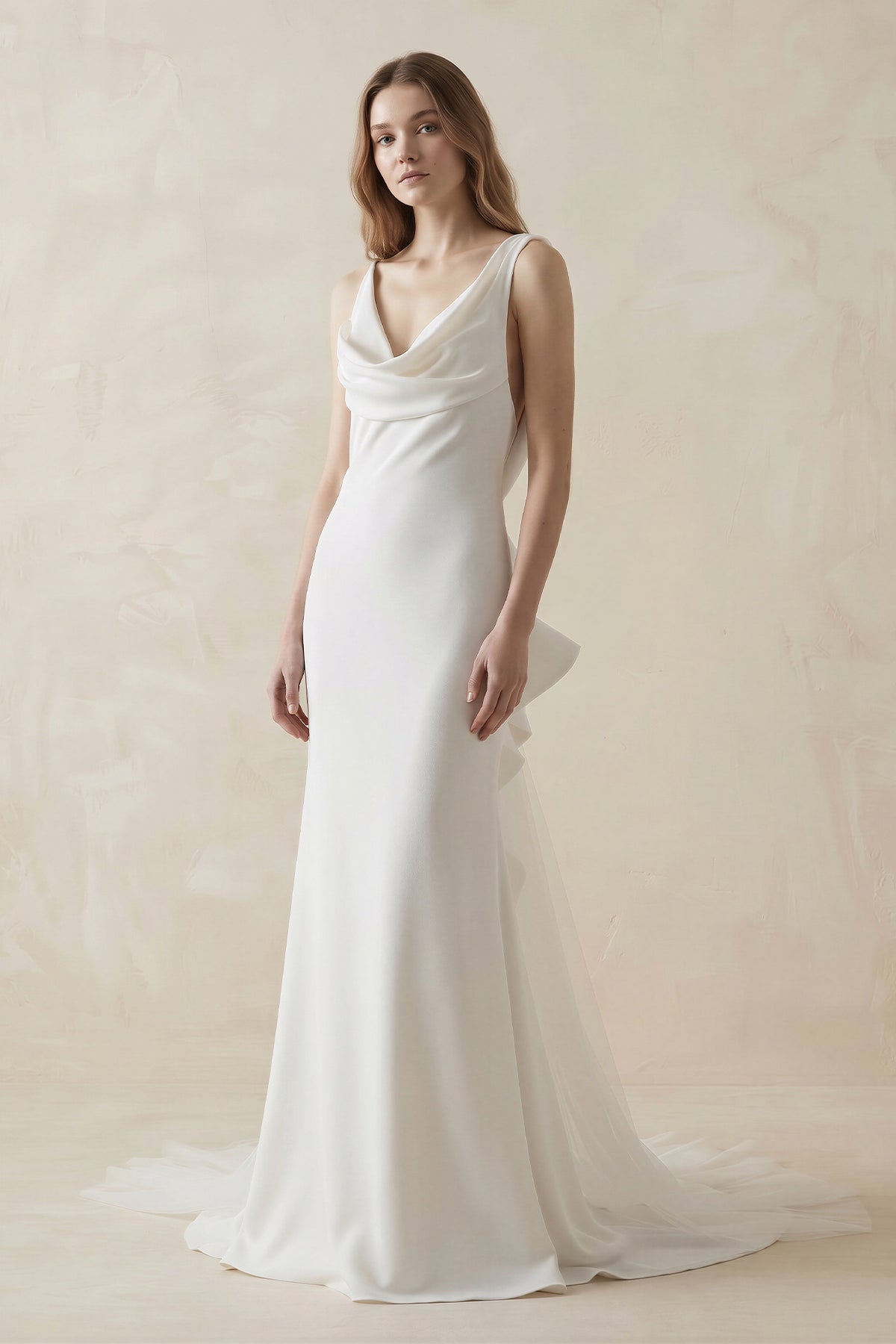 KissProm Mermaid Crepe Cowl Neck Wedding Dress with Train in White, White / 26