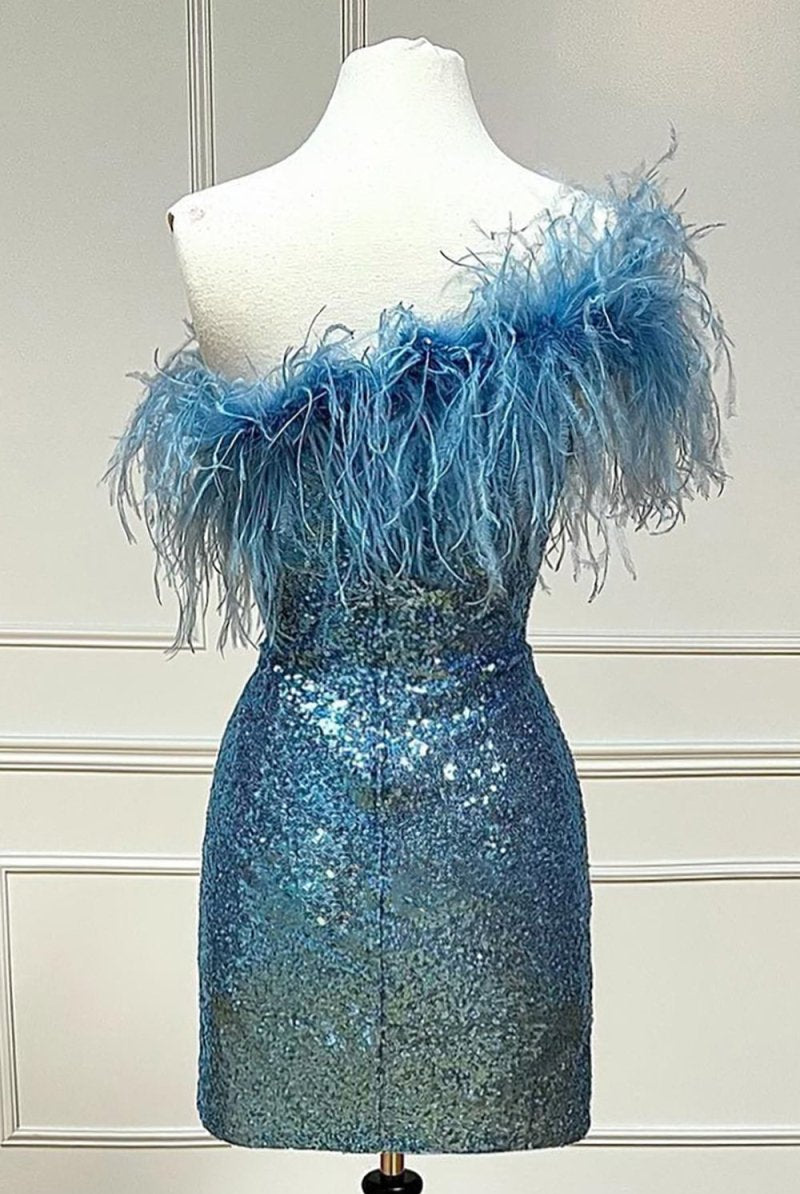 Florence | Light Blue Sparkly Tight Sequins Homecoming Dress with Feathers