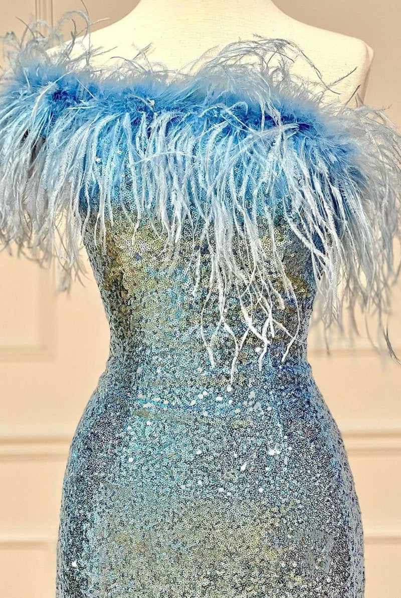 Florence | Light Blue Sparkly Tight Sequins Homecoming Dress with Feathers