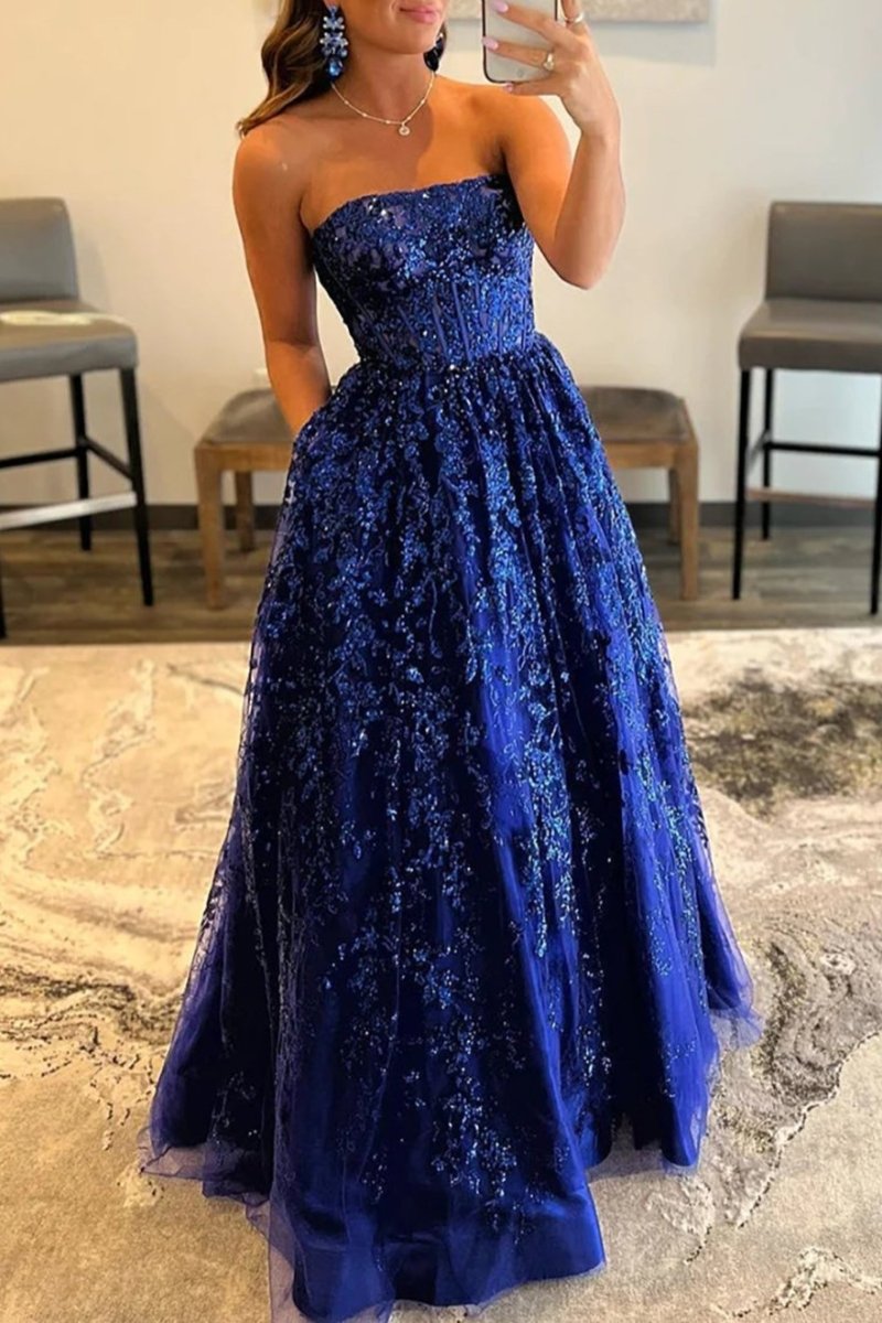 A-line Sequined Lace Long Prom Dress with Pockets, Royal Blue / 16 A-line Sequined Lace Long Prom Dress with Pockets, Royal Blue / 16
