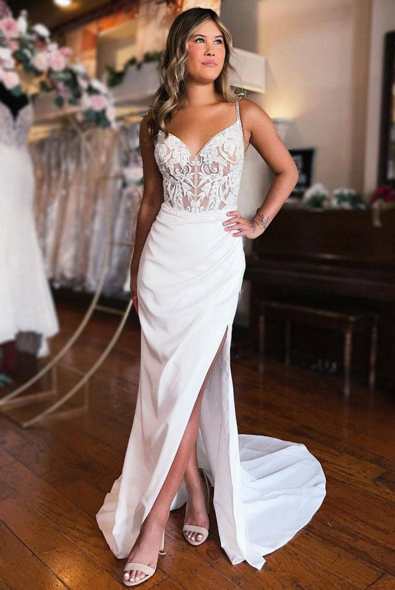 Emmie | Sheath White Lace-Up Back Wedding Dress with Slit