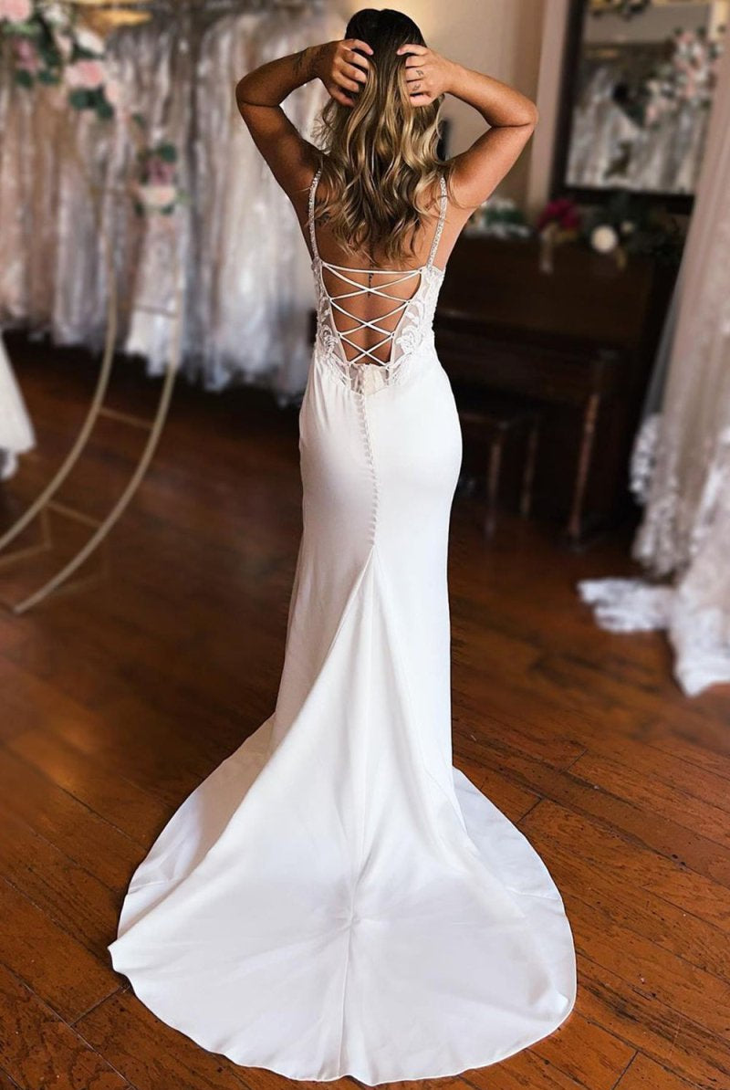 Emmie | Sheath White Lace-Up Back Wedding Dress with Slit