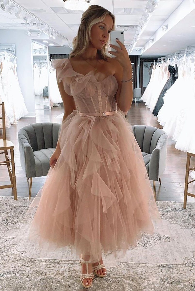 Addie | One Shoulder Blush Tulle A Line Long Prom Dress