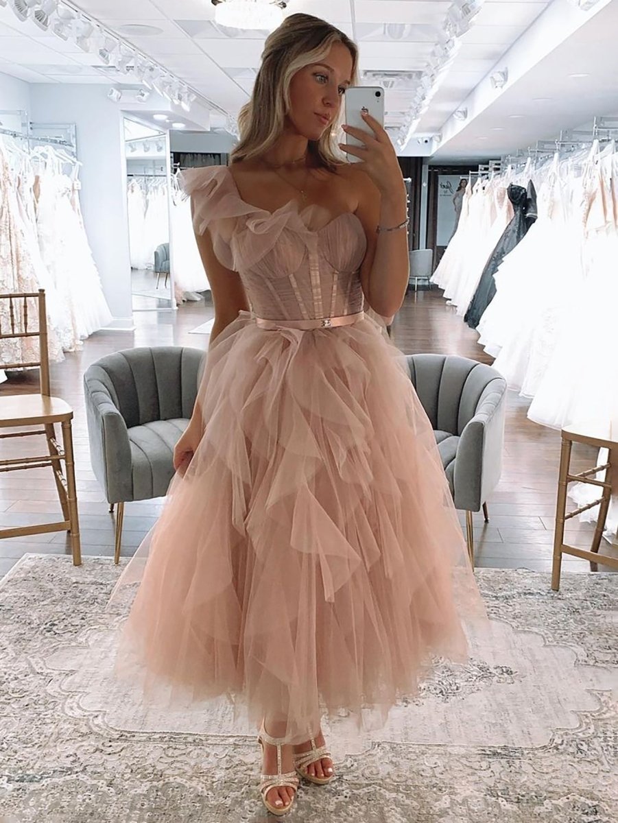 One Shoulder Blush Tulle A Line Long Prom Dress Blush Pink / 18 One Shoulder Blush Tulle A Line Long Prom Dress Blush Pink / 18