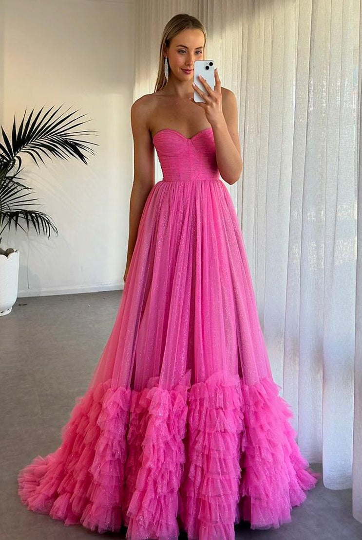 Rachael | Pink Sweetheart Tiered Tulle Long Prom Dresses - KissProm
