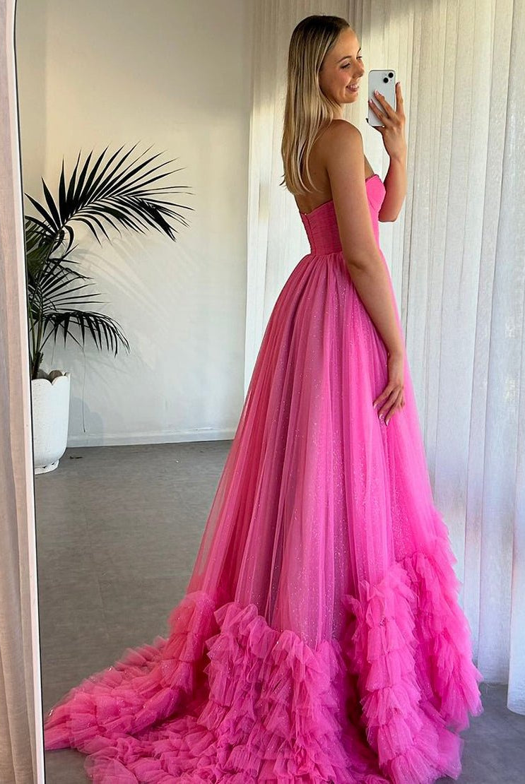 Rachael | Pink Sweetheart Tiered Tulle Long Prom Dresses - KissProm