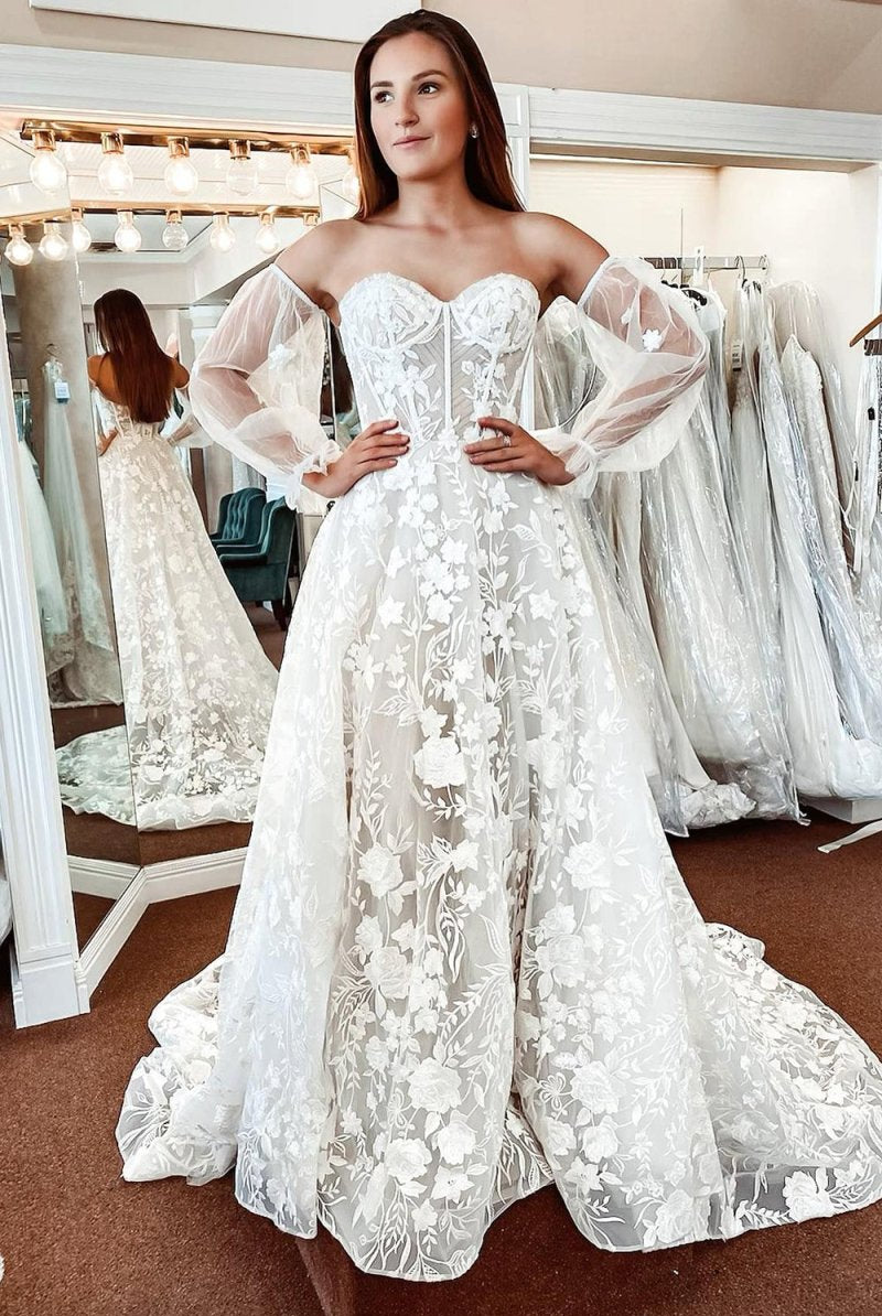 Treasure | Ivory Lace A-Line Detachable Long Sleeves Corset Long Wedding Dress