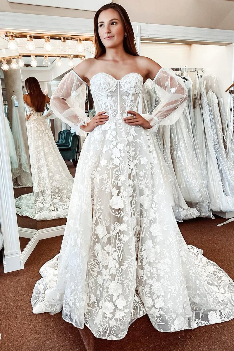 corset long sleeve wedding dress Ivory Lace A-Line Detachable Long Sleeves Corset Long Wedding Dress