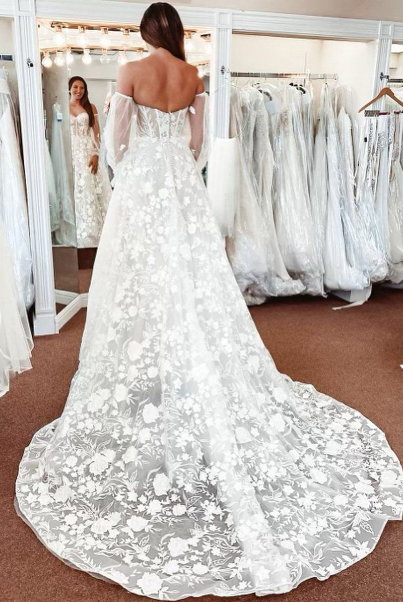 Treasure | Ivory Lace A-Line Detachable Long Sleeves Corset Long Wedding Dress