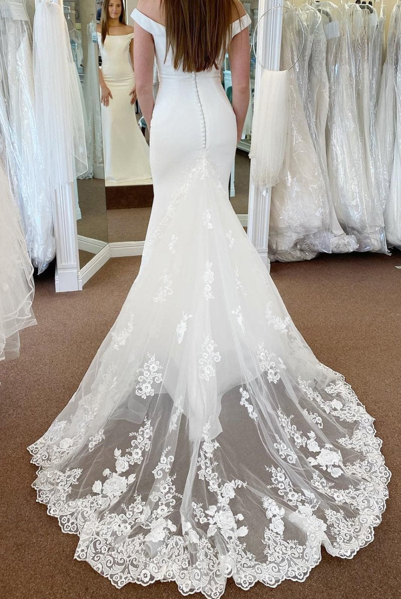 Liberty | White Off the Shoulder Long Mermaid Wedding Dress with Lace Appliques