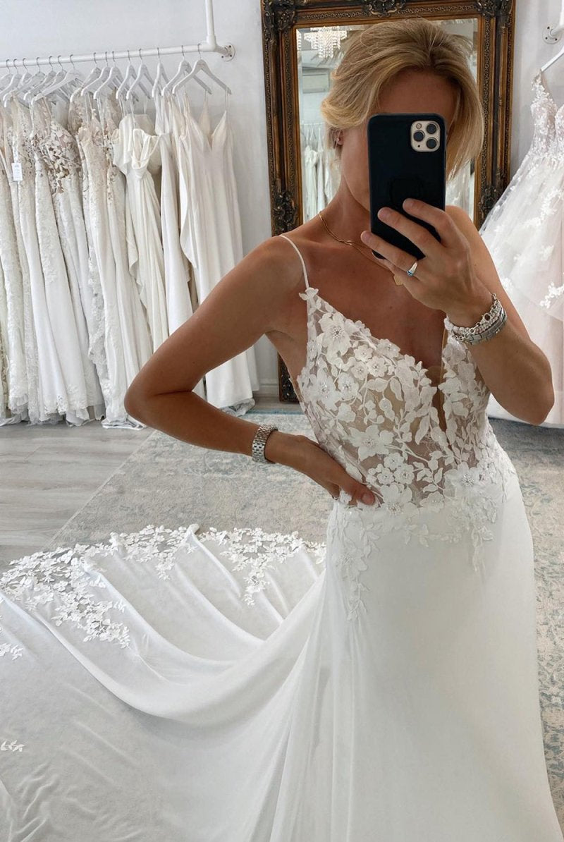 Rayna | White Long Chiffon Boho A-Line Wedding Dress with Lace