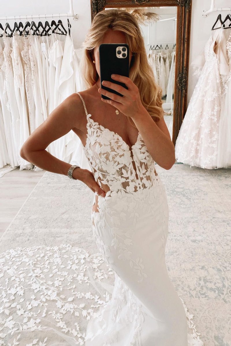 navy blue dress for baby girl White Spaghetti Straps Backless Long Wedding Dress with Lace Diamond White / 18